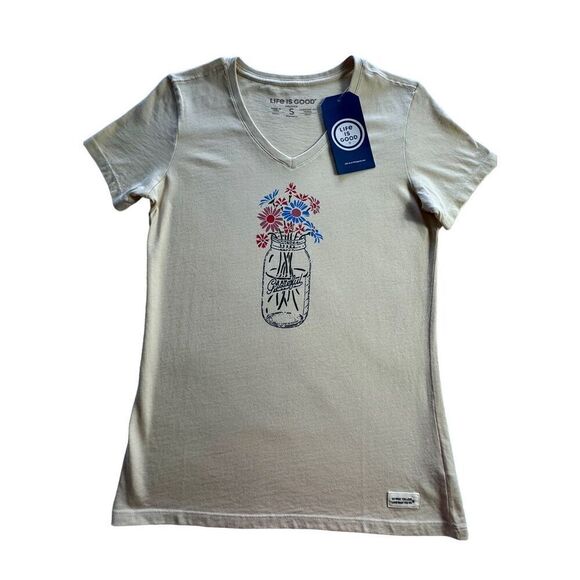 Life is Good Women’s SMALL Firefly “Grateful Jar” V Neck T-Shirt - NWT - Picture 1 of 7